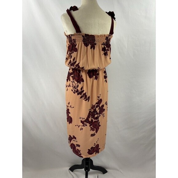 Bobeau Sundress Dress Peach Burgundy Floral Large Ribbon Straps Midi - Picture 3 of 11